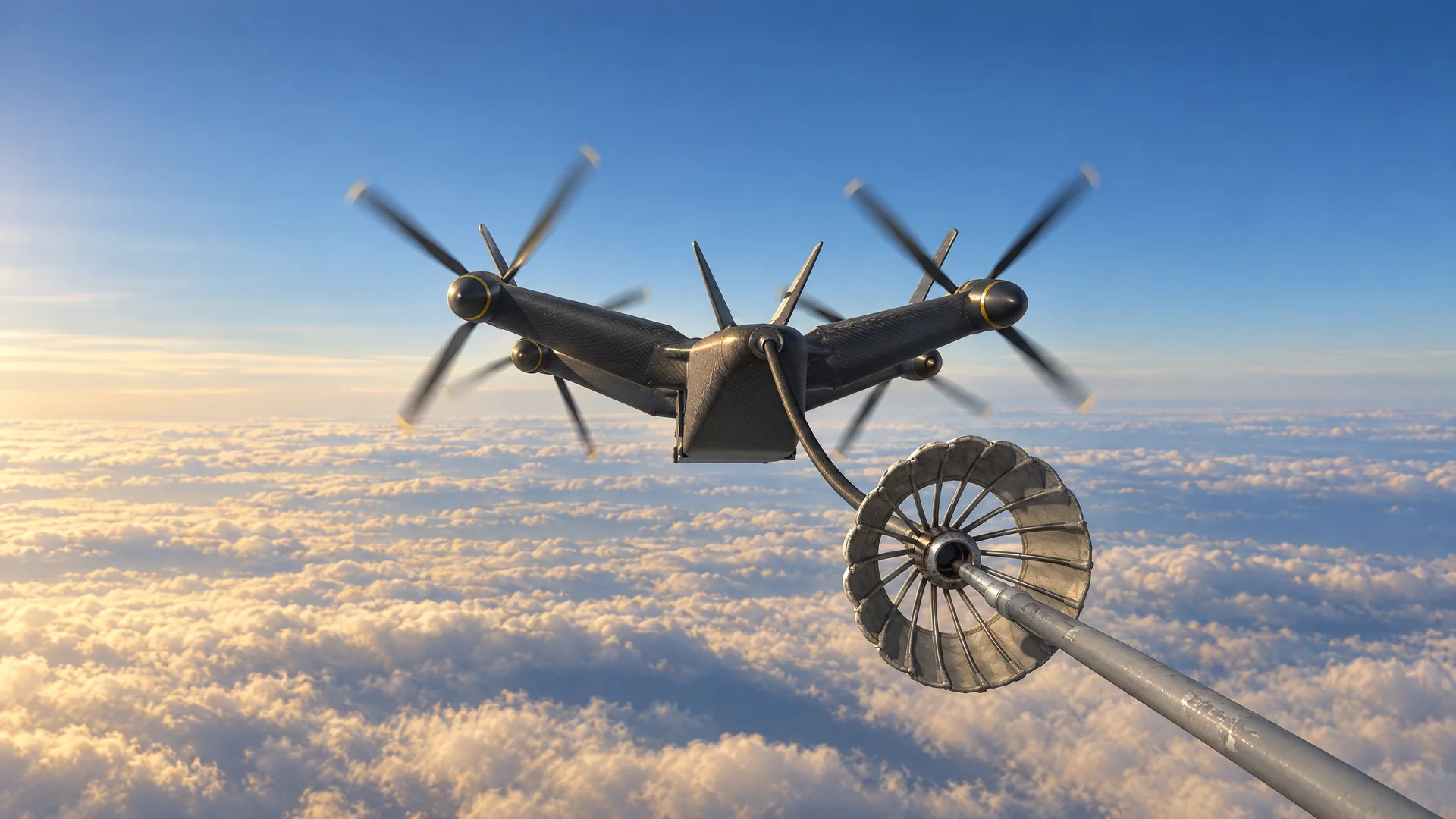 The Roam aircraft refueling another aircraft in flight, high above the clouds.